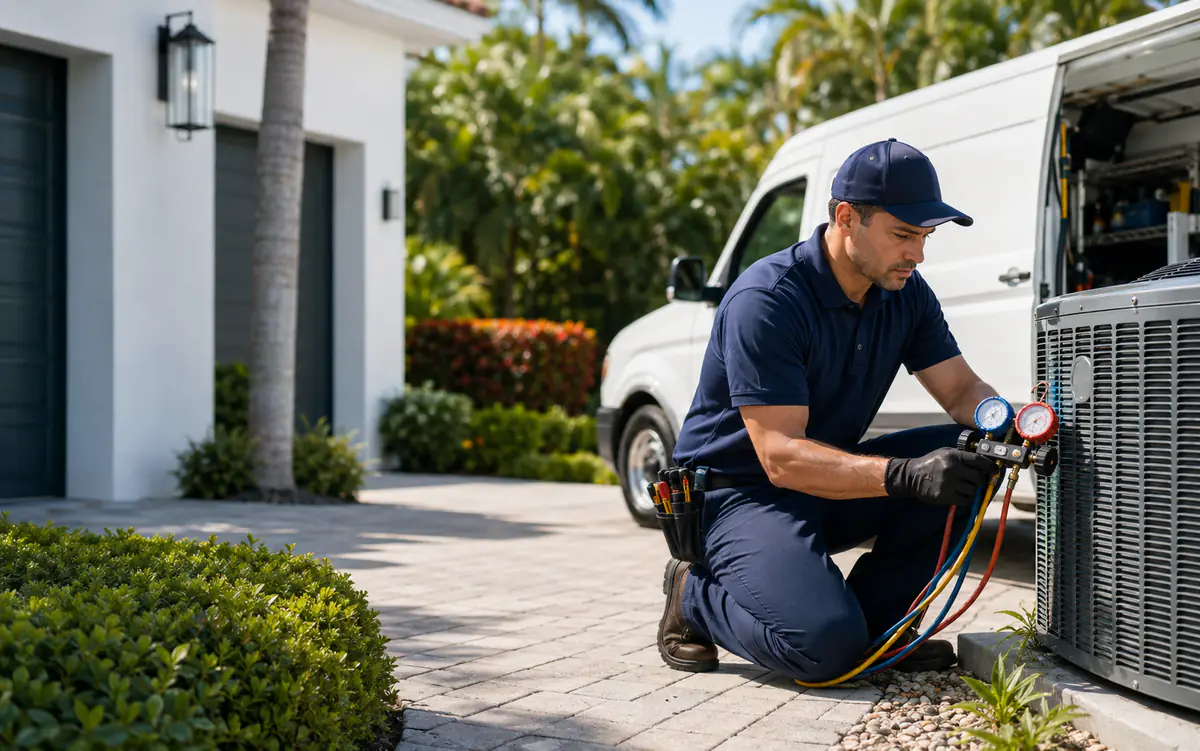 Technician diagnosing an outdoor air conditioning system